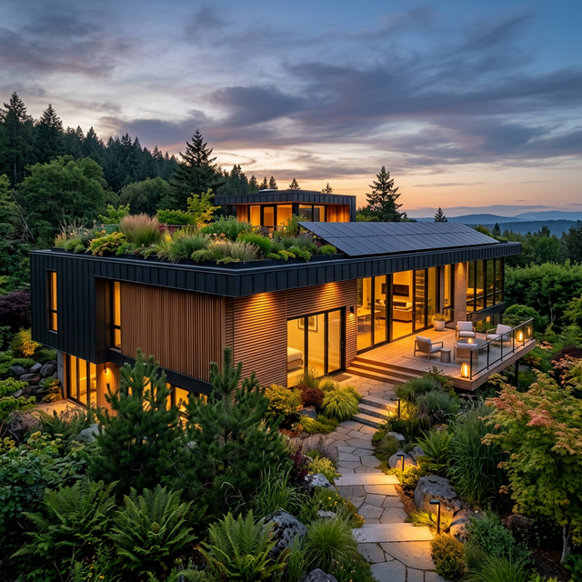 A stunning architectural photo of a modern, multi-level eco-friendly smart home at dusk. The exterior features sleek wooden slats, large glass windows, and integrated solar panels on the roof. A rooftop garden is visible. The surrounding landscape is lush with native plants. Warm, amber smart lighting illuminates the terrace. High-end, premium, photorealistic. No people.